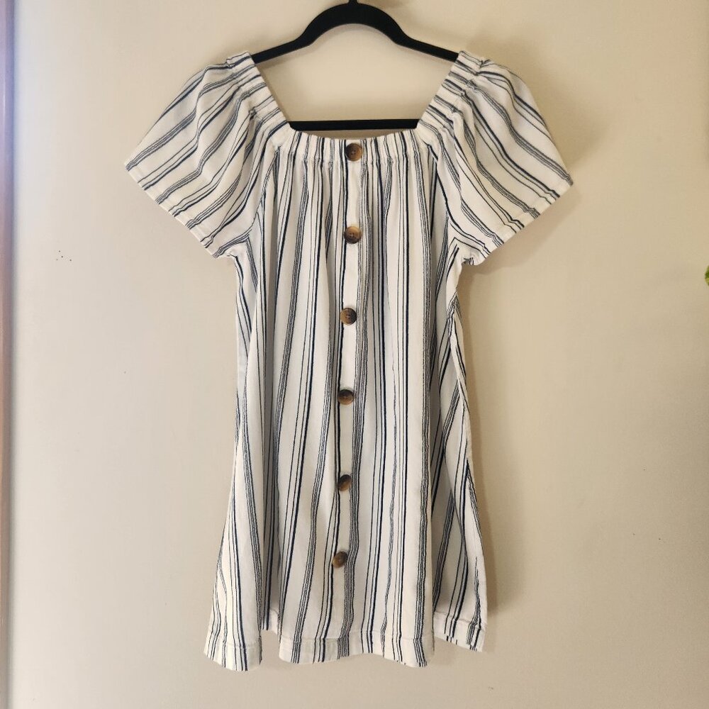 Arizona Girls M 10/12 Navy & White Striped Button Front Cotton Dress